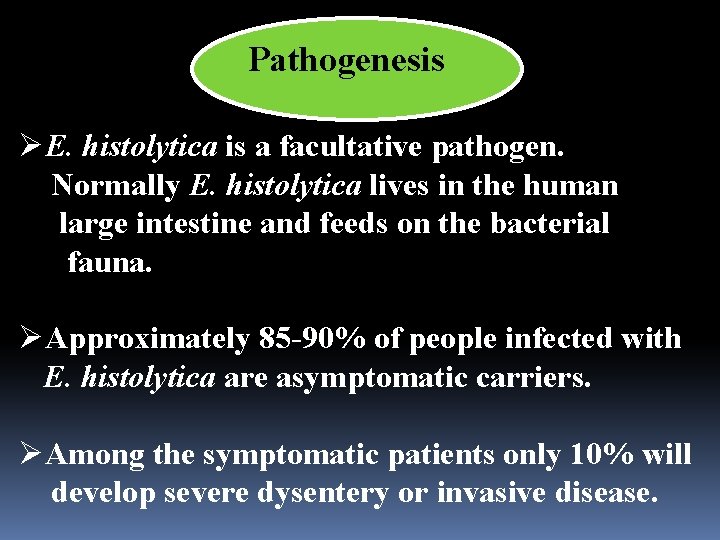 Pathogenesis ØE. histolytica is a facultative pathogen. Normally E. histolytica lives in the human