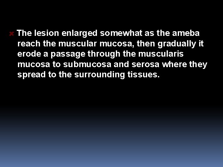 The lesion enlarged somewhat as the ameba reach the muscular mucosa, then gradually it