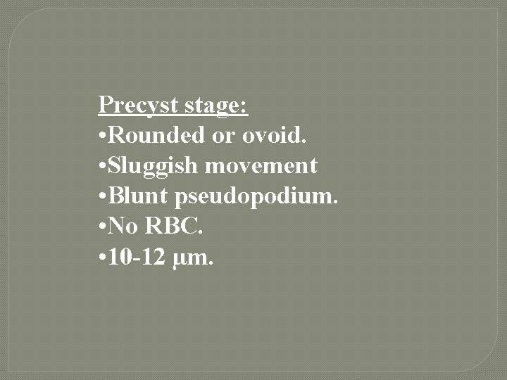 Precyst stage: • Rounded or ovoid. • Sluggish movement • Blunt pseudopodium. • No