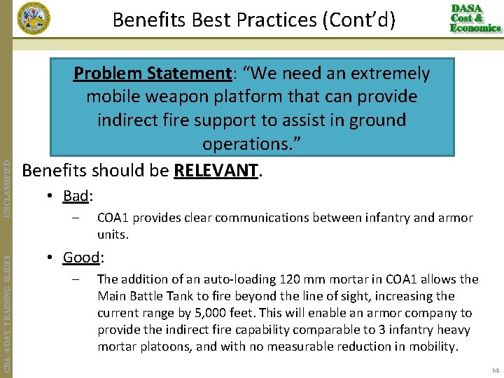 CBA 4 -DAY TRAINING SLIDES UNCLASSIFIED Benefits Best Practices (Cont’d) Problem Statement: “We need