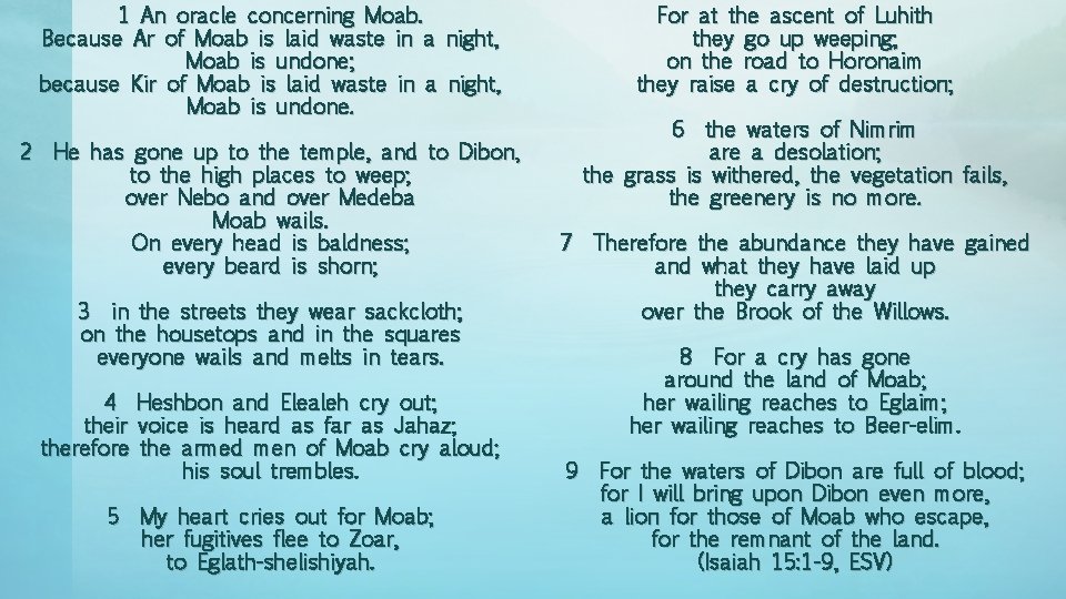 1 An oracle concerning Moab. Because Ar of Moab is laid waste in a