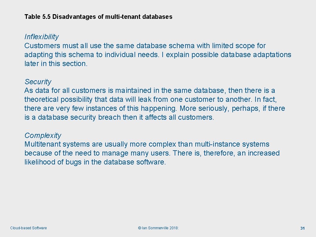 Table 5. 5 Disadvantages of multi-tenant databases Inflexibility Customers must all use the same