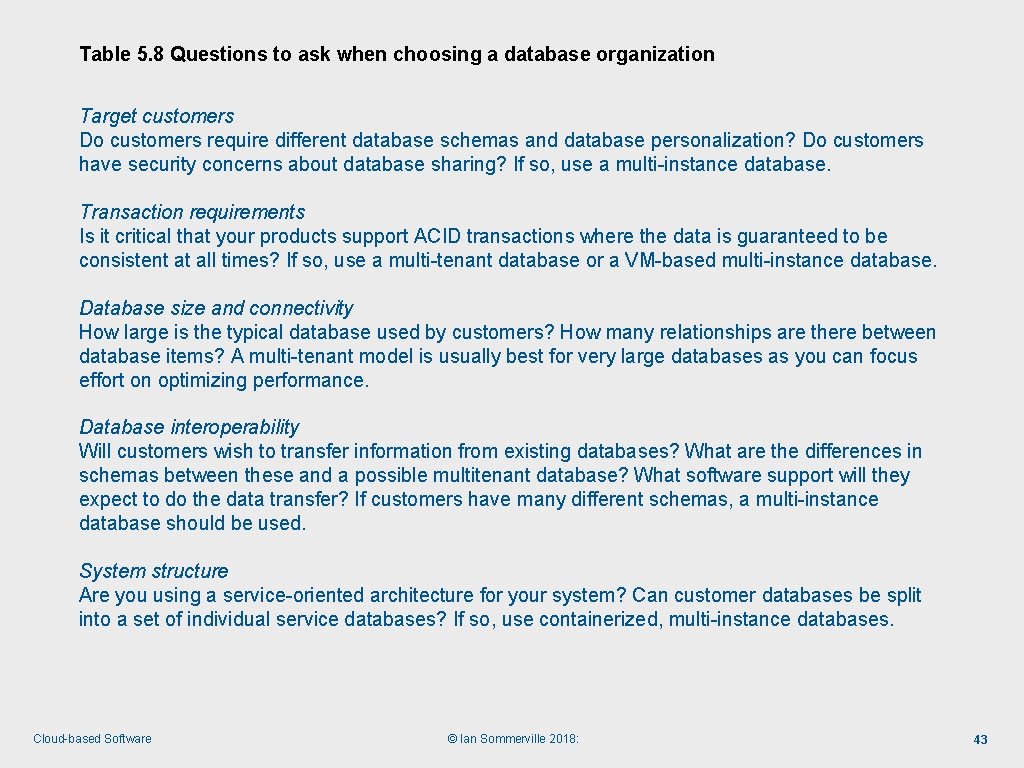 Table 5. 8 Questions to ask when choosing a database organization Target customers Do