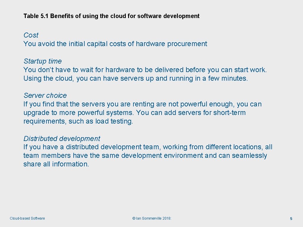 Table 5. 1 Benefits of using the cloud for software development Cost You avoid