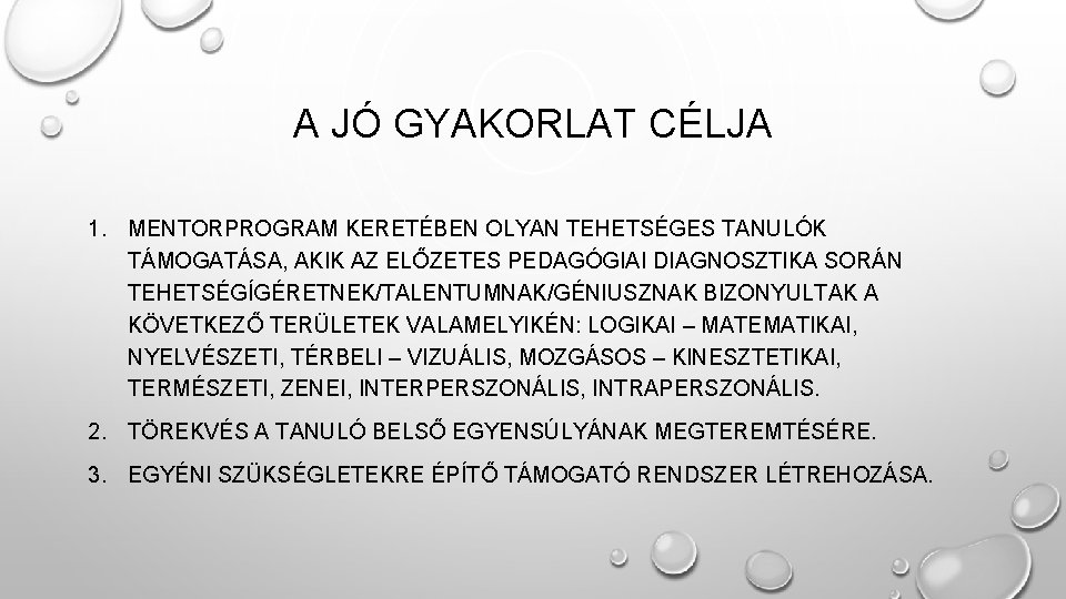 A JÓ GYAKORLAT CÉLJA 1. MENTORPROGRAM KERETÉBEN OLYAN TEHETSÉGES TANULÓK TÁMOGATÁSA, AKIK AZ ELŐZETES