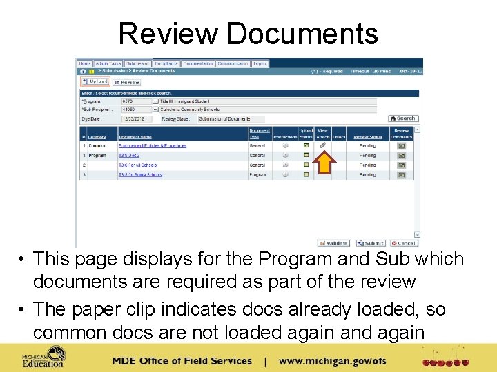 Review Documents • This page displays for the Program and Sub which documents are