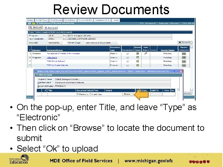 Review Documents • On the pop-up, enter Title, and leave “Type” as “Electronic” • Review Documents • On the pop-up, enter Title, and leave “Type” as “Electronic” •