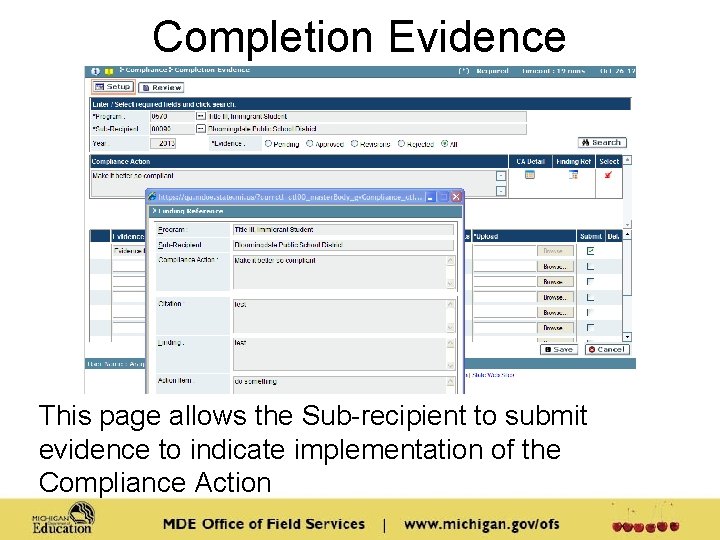 Completion Evidence This page allows the Sub-recipient to submit evidence to indicate implementation of