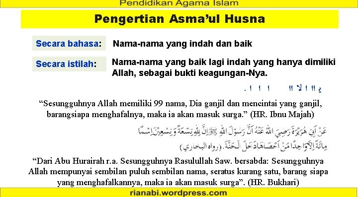 Pengertian Asma’ul Husna Secara bahasa: Nama-nama yang indah dan baik Secara istilah: Nama-nama yang Pengertian Asma’ul Husna Secara bahasa: Nama-nama yang indah dan baik Secara istilah: Nama-nama yang