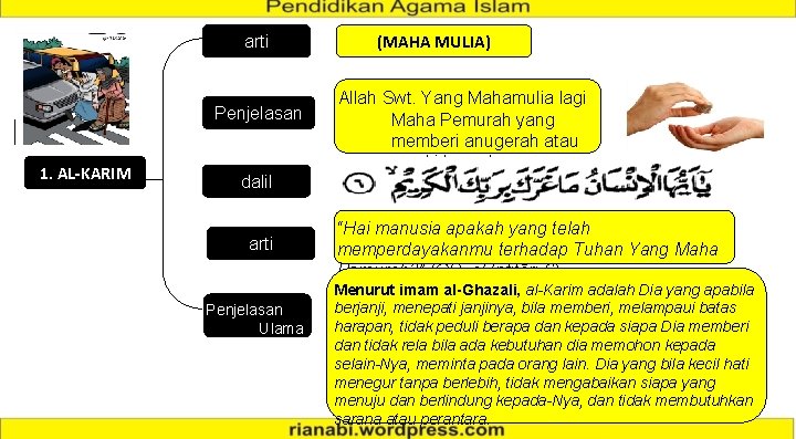 arti Penjelasan 1. AL-KARIM dalil arti Penjelasan Ulama (MAHA MULIA) Allah Swt. Yang Mahamulia arti Penjelasan 1. AL-KARIM dalil arti Penjelasan Ulama (MAHA MULIA) Allah Swt. Yang Mahamulia