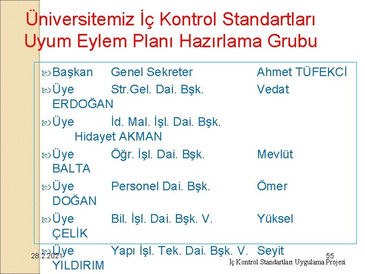 Üniversitemiz İç Kontrol Standartları Uyum Eylem Planı Hazırlama Grubu Başkan Genel Sekreter Ahmet TÜFEKCİ