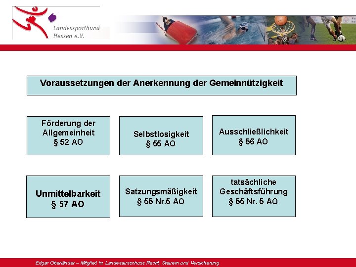 Voraussetzungen der Anerkennung der Gemeinnützigkeit Förderung der Allgemeinheit § 52 AO Unmittelbarkeit § 57 Voraussetzungen der Anerkennung der Gemeinnützigkeit Förderung der Allgemeinheit § 52 AO Unmittelbarkeit § 57