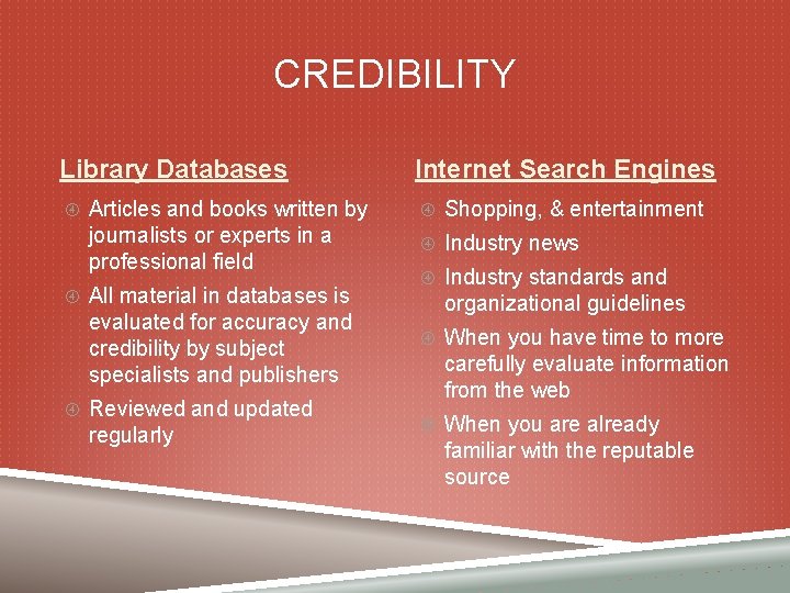 CREDIBILITY Library Databases Articles and books written by journalists or experts in a professional