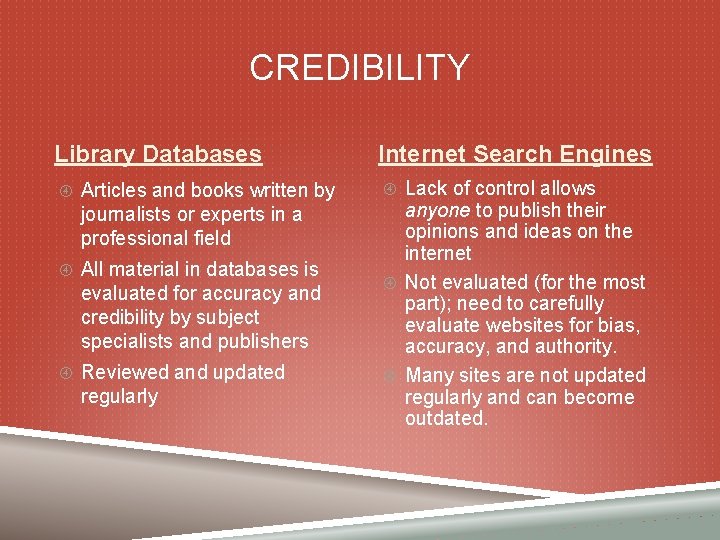 CREDIBILITY Library Databases Articles and books written by journalists or experts in a professional