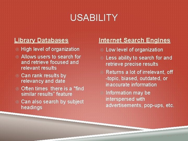 USABILITY Library Databases Internet Search Engines High level of organization Low level of organization