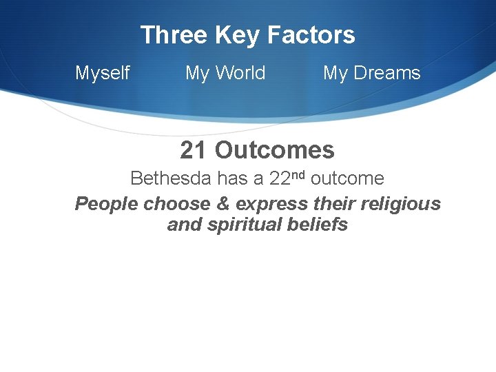 Three Key Factors Myself My World My Dreams 21 Outcomes Bethesda has a 22