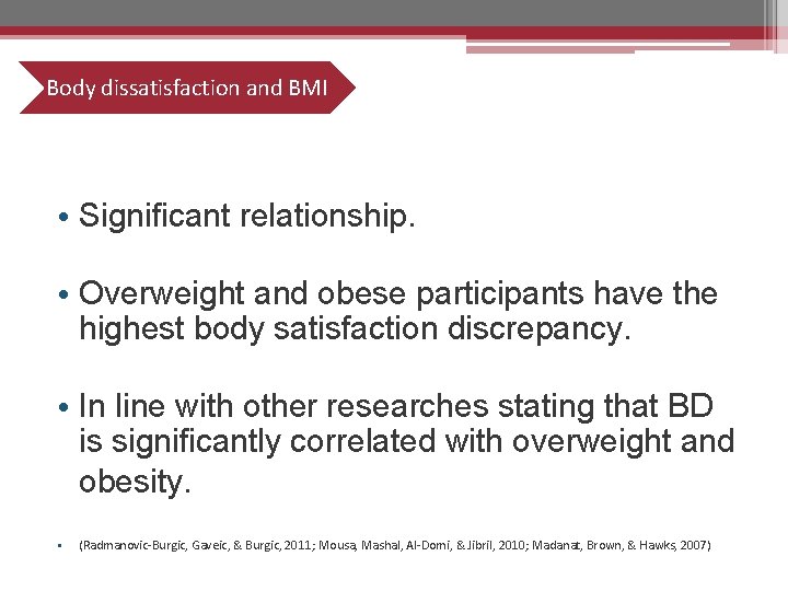 Body dissatisfaction and BMI • Significant relationship. • Overweight and obese participants have the