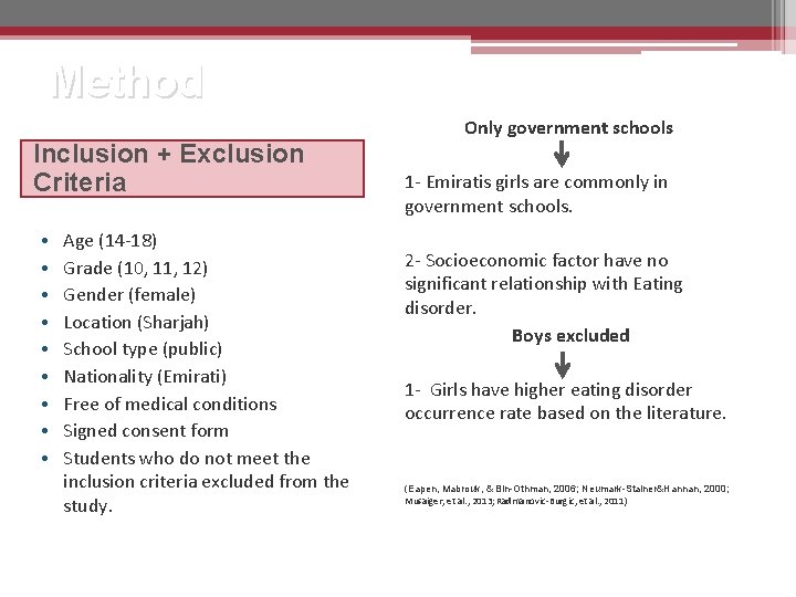 Method Only government schools Inclusion + Exclusion Criteria • • • Age (14 -18)