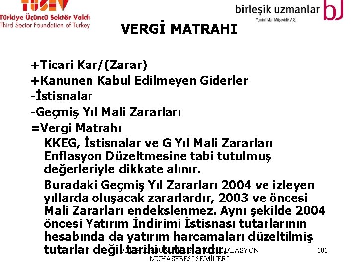 VERGİ MATRAHI +Ticari Kar/(Zarar) +Kanunen Kabul Edilmeyen Giderler -İstisnalar -Geçmiş Yıl Mali Zararları =Vergi