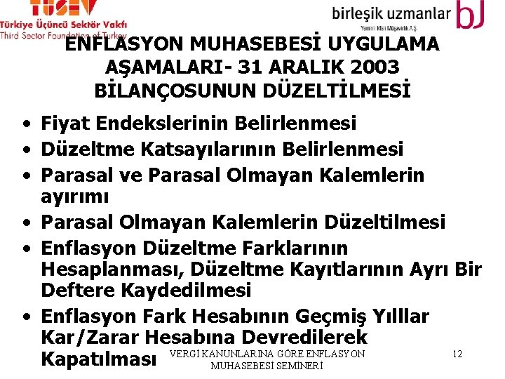 ENFLASYON MUHASEBESİ UYGULAMA AŞAMALARI- 31 ARALIK 2003 BİLANÇOSUNUN DÜZELTİLMESİ • Fiyat Endekslerinin Belirlenmesi •