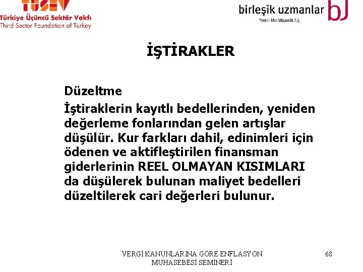 İŞTİRAKLER Düzeltme İştiraklerin kayıtlı bedellerinden, yeniden değerleme fonlarından gelen artışlar düşülür. Kur farkları dahil,