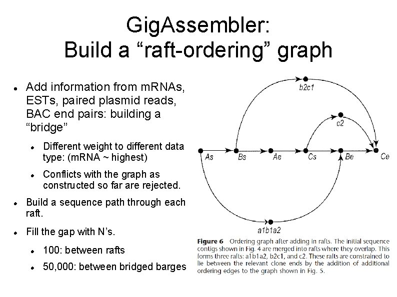 Gig. Assembler: Build a “raft-ordering” graph Add information from m. RNAs, ESTs, paired plasmid