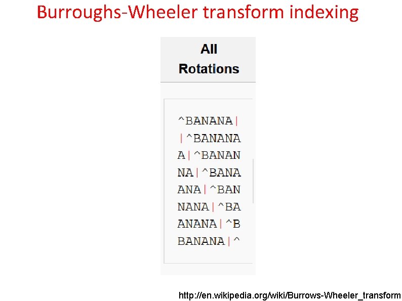 Burroughs-Wheeler transform indexing http: //en. wikipedia. org/wiki/Burrows-Wheeler_transform 