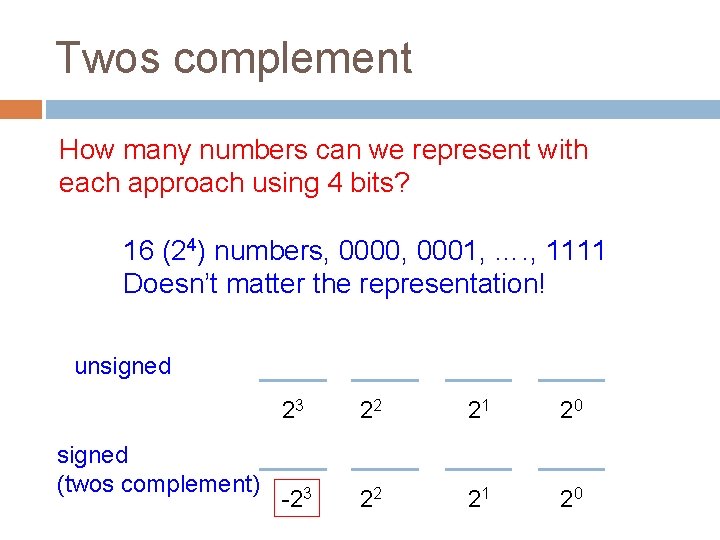 Twos complement How many numbers can we represent with each approach using 4 bits?