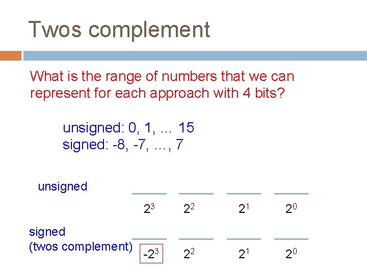 Twos complement What is the range of numbers that we can represent for each