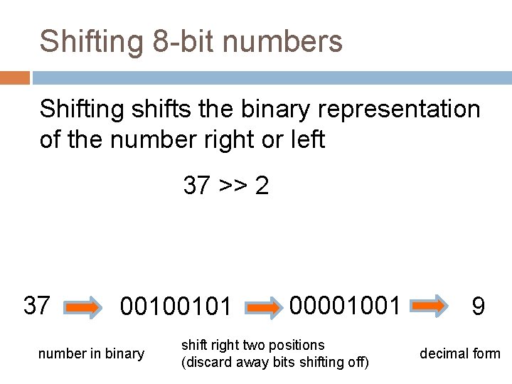 Shifting 8 -bit numbers Shifting shifts the binary representation of the number right or