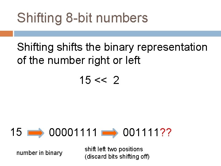 Shifting 8 -bit numbers Shifting shifts the binary representation of the number right or