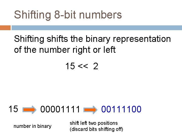 Shifting 8 -bit numbers Shifting shifts the binary representation of the number right or