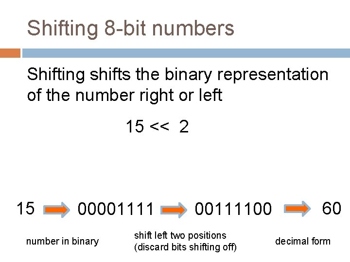 Shifting 8 -bit numbers Shifting shifts the binary representation of the number right or