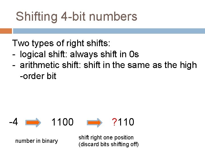 Shifting 4 -bit numbers Two types of right shifts: - logical shift: always shift