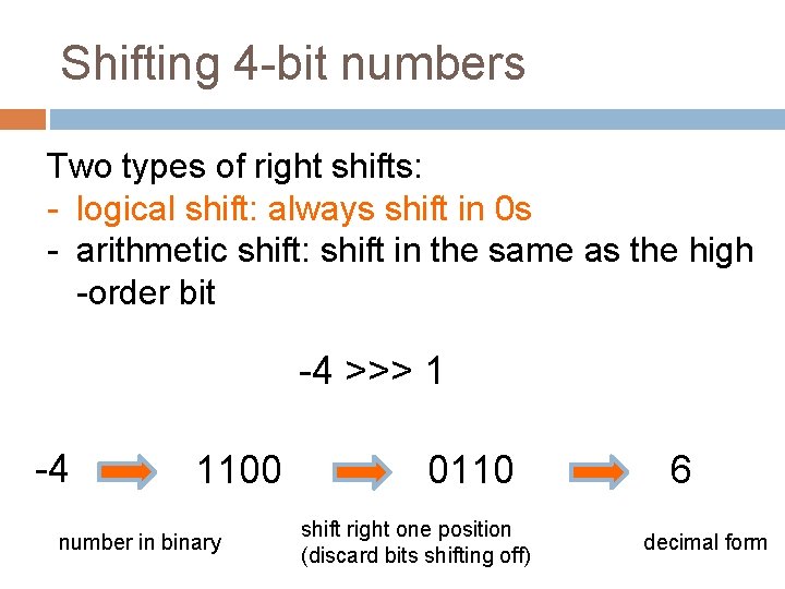 Shifting 4 -bit numbers Two types of right shifts: - logical shift: always shift