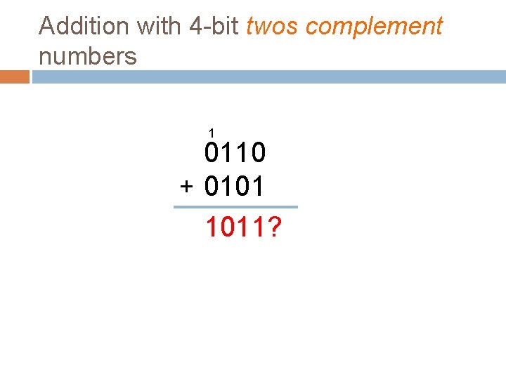 Addition with 4 -bit twos complement numbers 1 0110 + 0101 1011? 