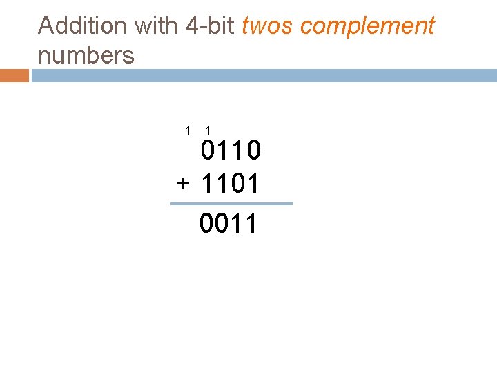 Addition with 4 -bit twos complement numbers 1 1 0110 + 1101 0011 