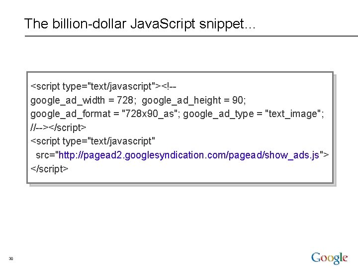 The billion-dollar Java. Script snippet… <script type="text/javascript"><!-google_ad_width = 728; google_ad_height = 90; google_ad_format =