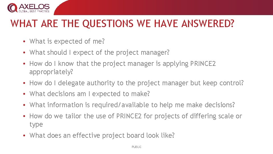 WHAT ARE THE QUESTIONS WE HAVE ANSWERED? • What is expected of me? •