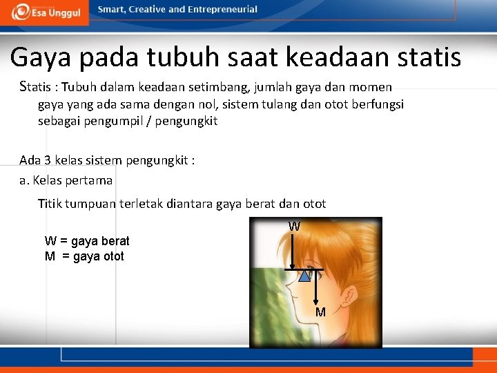 Gaya pada tubuh saat keadaan statis Statis : Tubuh dalam keadaan setimbang, jumlah gaya