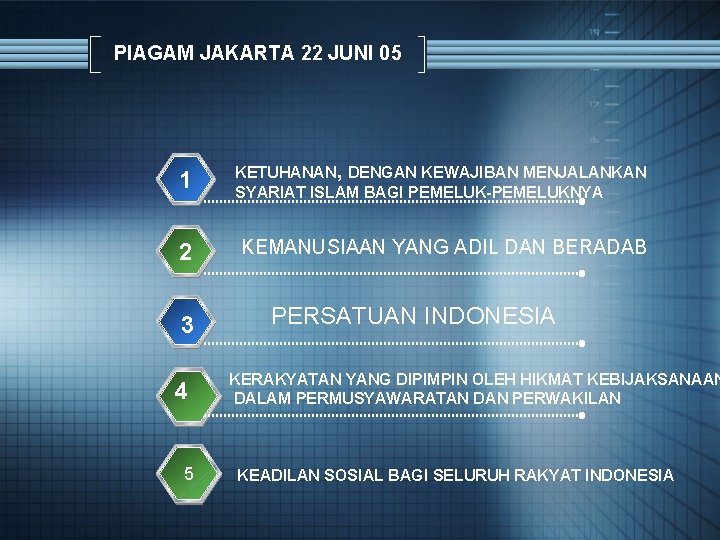 PIAGAM JAKARTA 22 JUNI 05 1 KETUHANAN, DENGAN KEWAJIBAN MENJALANKAN SYARIAT ISLAM BAGI PEMELUK-PEMELUKNYA