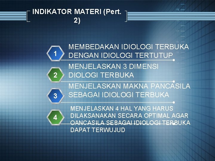 INDIKATOR MATERI (Pert. 2) 1 MEMBEDAKAN IDIOLOGI TERBUKA DENGAN IDIOLOGI TERTUTUP 2 MENJELASKAN 3