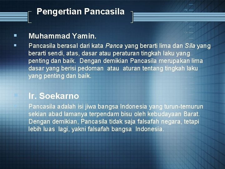 Pengertian Pancasila § Muhammad Yamin. § Pancasila berasal dari kata Panca yang berarti lima
