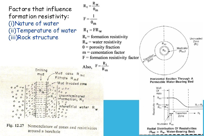 Factors that influence formation resistivity: (i)Nature of water (ii)Temperature of water (iii)Rock structure 