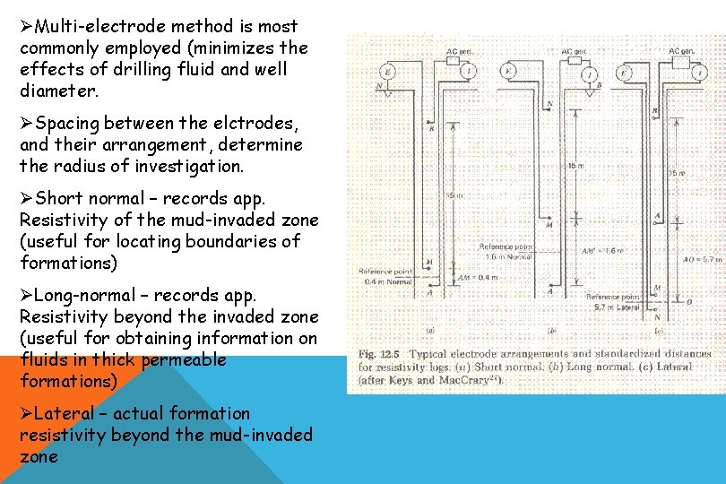 ØMulti-electrode method is most commonly employed (minimizes the effects of drilling fluid and well