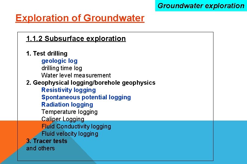 Groundwater exploration Exploration of Groundwater 1. 1. 2 Subsurface exploration 1. Test drilling geologic