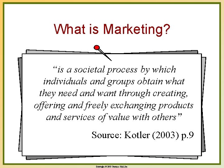 What is Marketing? “is a societal process by which individuals and groups obtain what