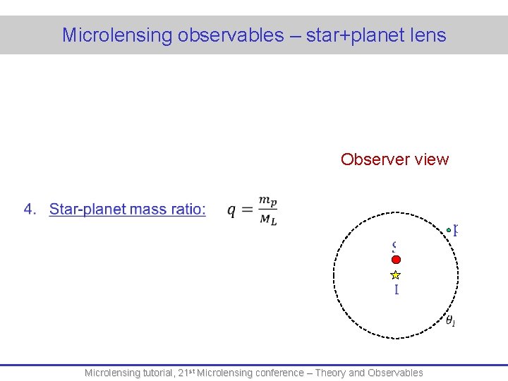 Microlensing observables – star+planet lens Observer view Microlensing tutorial, 21 st Microlensing conference –