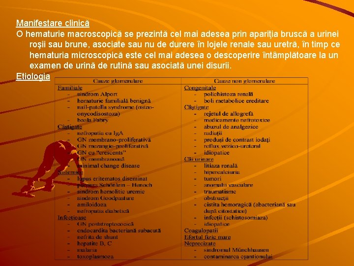 Manifestare clinică O hematurie macroscopică se prezintă cel mai adesea prin apariţia bruscă a