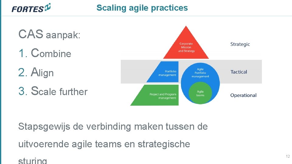 Scaling agile practices CAS aanpak: 1. Combine 2. Align 3. Scale further Stapsgewijs de